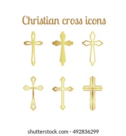 Golden christian cross icons isolated set. Vector illustration