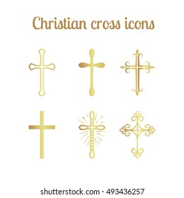 Golden christian cross icons isolated set. Vector illustration