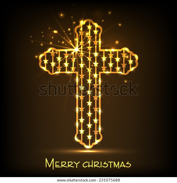 Golden Christian Cross Merry Christmas Celebration Stock Vector