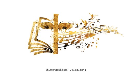 Golden christian cross with music notes isolated vector illustration. Religion themed background. Design for gospel church music, choir singing, concert, festival, Christianity, prayer