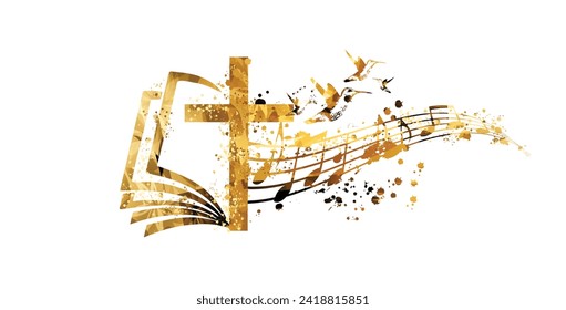 Golden christian cross with music notes isolated vector illustration. Religion themed background. Design for gospel church music, choir singing, concert, festival, Christianity, prayer