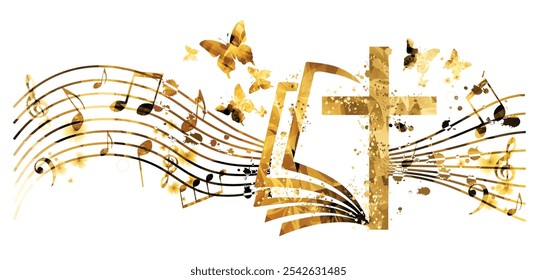 Cruz cristã dourada com notas musicais ilustração vetorial isolada. Fundo temático de religião. Design para música gospel igreja, canto do coro, concerto, festival, cristianismo, oração	