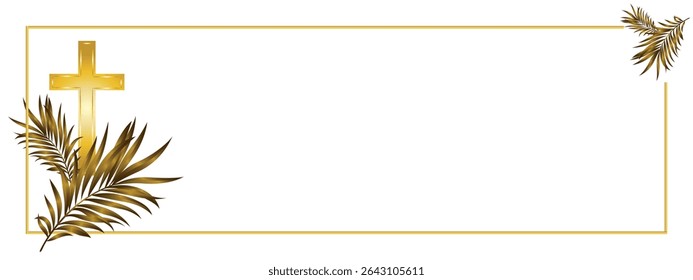 golden Christian cross and golden palm branches with a golden frame on a white background.Close-up, isolated