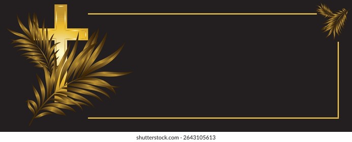 golden Christian cross and golden palm branches with a golden frame on a black background.Close-up, isolated