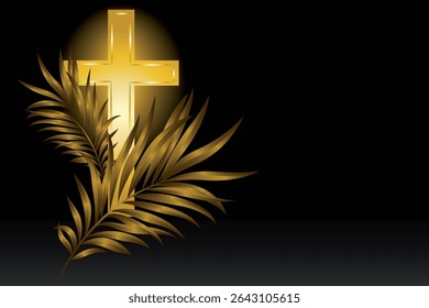 golden Christian cross and golden palm branches  on a black background.Close-up, isolated