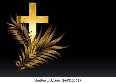 golden Christian cross and golden palm branches  on a black background.Close-up, isolated