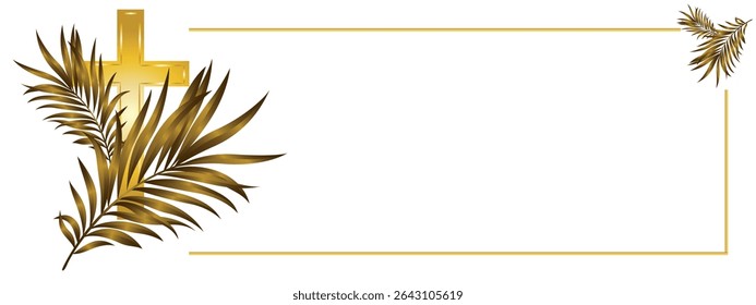 golden Christian cross and golden palm branches with a golden frame on a white background.Close-up, isolated