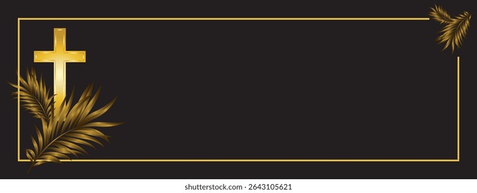 golden Christian cross and golden palm branches with a golden frame on a black background.Close-up, isolated