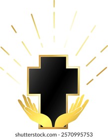 Golden Christian cross and praying hands