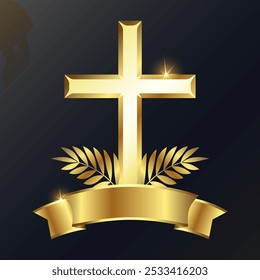 Golden Christian cross with ribbon and leaves