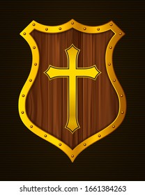 Golden Christian Cross and Shield of Faith. Church Logo. Religious Symbol. Creative Christian Icon. Protection, Safety, Security Sign. Gold Ghield with Cartoon Wooden Texture