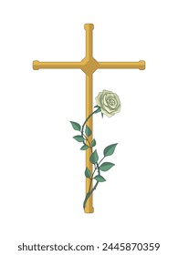 A golden Christian cross and a white rose. Funeral. Vector illustration in a flat style for a funeral home. Funeral services.