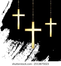 Golden Christian crosses hanging on black background