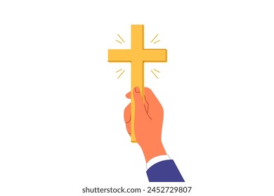 Golden christian crucifix in hands of man, inviting to accept catholicism and attend church for prayers. Sacred religious relic symbolizes faith in god and covenants from bible or gospel