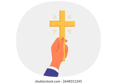 Golden christian crucifix in hands of man, inviting to accept catholicism and attend church for prayers. Sacred religious relic symbolizes faith in god and covenants from bible or gospel