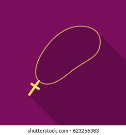 Golden christian rosary icon in flat style isolated on white background. Jewelry and accessories symbol stock vector illustration.