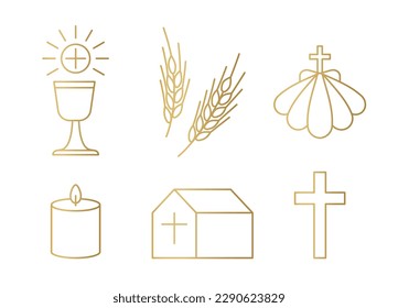 golden christianity, holy communion icon set; chalice, ears of wheat, baptismal shell, candle, church and cross - vector illustration