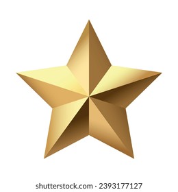 Golden Christmas 3d Star metal glossy bright shine five angle star shape isolated on white Background. Icon for holiday design element.