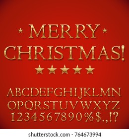 Golden Christmas Alphabet Isolated On Red Background. Merry Christmas Card. Vector Illustration.