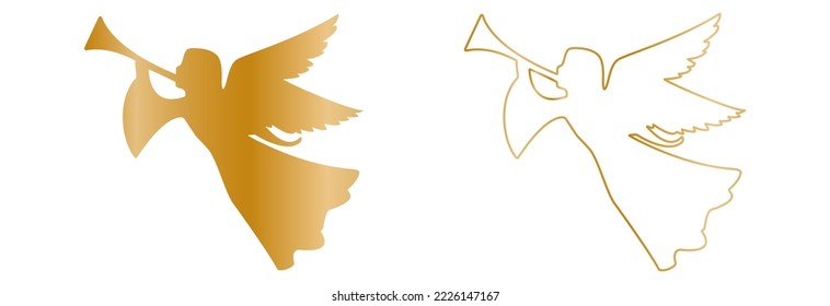 Golden christmas angel vector icon.Christmas and religion symbols isolated on white. Golden angel trumpets.Angel silhouette