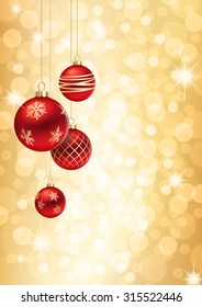 A Golden Christmas background, with 4 decorated multicolored christmas balls hanging from above.