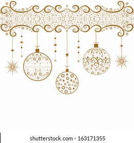 Golden christmas background with baubles and snowflakes.Vector illustration