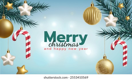 Golden Christmas background. Elegant invitation with ball, bauble and candy cane. New Years pattern, holiday greeting card, xmas 3D decoration. Noel card or postcard. Vector banner with copy space