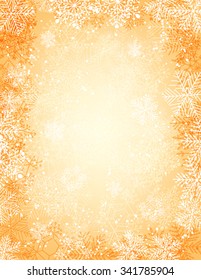 Golden Christmas background with falling snow, lights and  frame of snowflakes. Vector illustration contains gradient meshes.