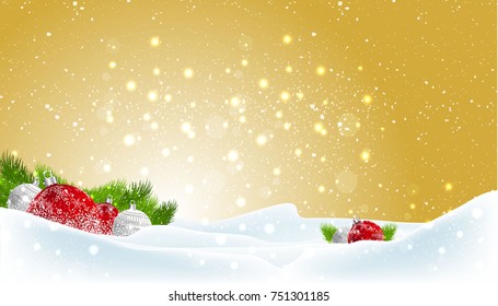 Golden Christmas background with gifts and balls. Vector illustrations