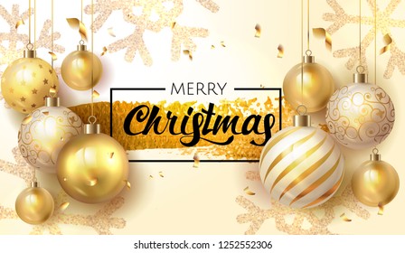 Golden Christmas background, with gold and white christmas balls hangingin light rich background with glitter snowflakes. Merry Christmas Poster with golden christmas decoration elements. Vector 