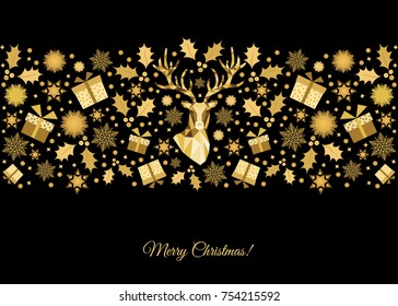 Golden Christmas  background. Gold Xmas head of  reindeer and  snowflakes. Vector greeting  card.