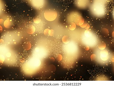 Golden Christmas background with a snowflakes and bokeh lights design