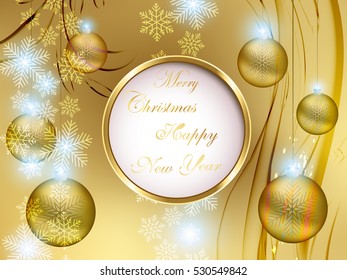 Golden Christmas background with space, snowflakes and lights, illustration.