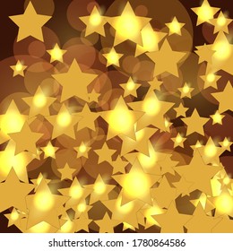 
Golden Christmas background with stars, confetti, bokeh. Festive background design
