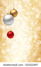 A Golden Christmas background, with three multicolored christmas balls decorated with snowflakes, hanging from above.