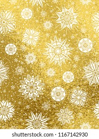 Golden Christmas background with white snowflakes and stars,  vector illustration