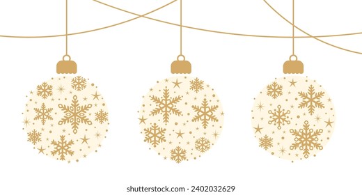 Golden Christmas ball banner with snow flakes, winter clip art illustration, festive decoration element