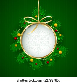 Golden Christmas ball with fir tree branches on green background, illustration.