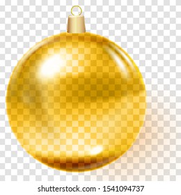 Golden christmas ball. Gold Christmas tree toy. Vector golden glass xmas bauble template.
