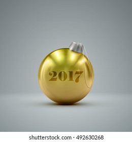 Golden Christmas ball. Holiday vector illustration of traditional festive Xmas bauble. Merry Christmas and Happy New 2017 Year greeting card design element.