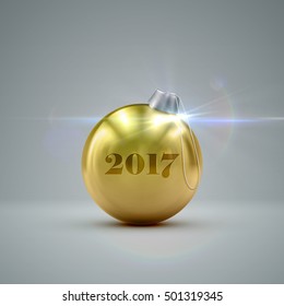 Golden Christmas ball. Holiday vector illustration of traditional festive Xmas bauble. Merry Christmas and Happy New 2017 Year greeting card design element.