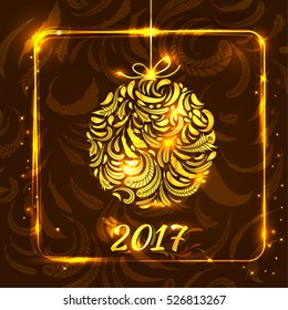 golden Christmas ball made up of feathers on dark background with shining frame. greeting card. vector illustration. part of collection. good for your design