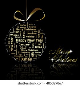 Golden Christmas ball made of gold letters with stars on black background. Vector eps10 illustration