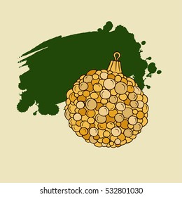 Golden christmas ball on beige background with abstract green backdrops. Hand drawn vector illustration.