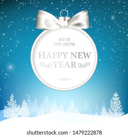 Golden christmas ball on blue background with snow sparks and fir trees. Vector illustration.