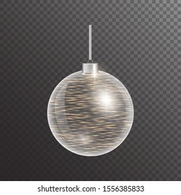 Golden christmas ball on transparent background. Bright jewelry with a light effect. Festive vector illustration.