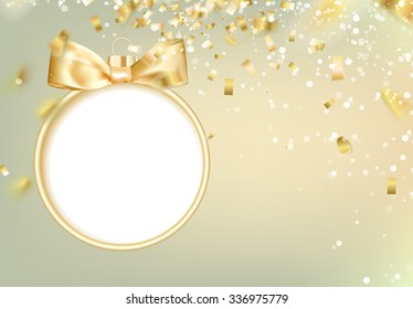 Golden christmas ball on white background with blurred sparks and confetti. Vector illustration.