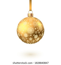 Golden  Christmas  ball  with pattern  isolated on white background. Xmas  tree decoration. Vector gold bauble.
