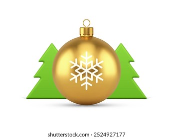 Golden Christmas ball toy with green minimal spruce bauble 3d icon realistic vector illustration. Luxury Xmas New Year festive holiday celebration greeting composition premium decorative design