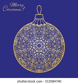 Golden Christmas ball zen-doodle ornate pattern and Marry Christmas sign. New Year 2017. Vector hand drawn artistic ethnic ornament. Isolated design element, gold on a blue background